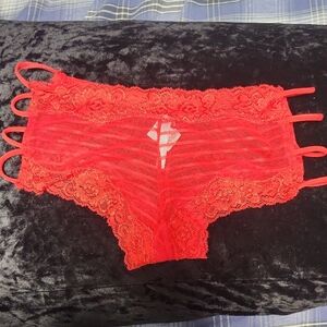 Sz L Ribbed Red Lace Underwear Panties Lingerie Sexy Cheeky See Thru W/ Tags